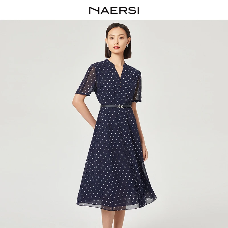 NAERSI/娜尔思简约气质V领波点印花连衣裙女新款裙子NF10266Q7