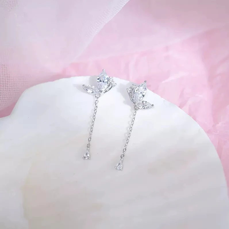 足银耳饰999纯银流苏蝴蝶足银针耳钉女小众设计高级感冷淡风潮