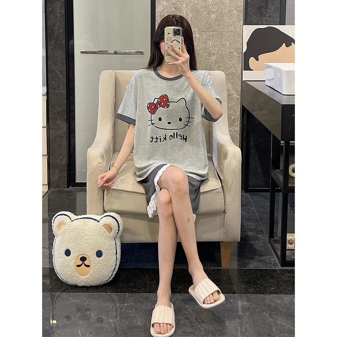 睡衣女夏季短袖大码莫代尔可外穿2025新款kt猫凉感家居服纯棉套装