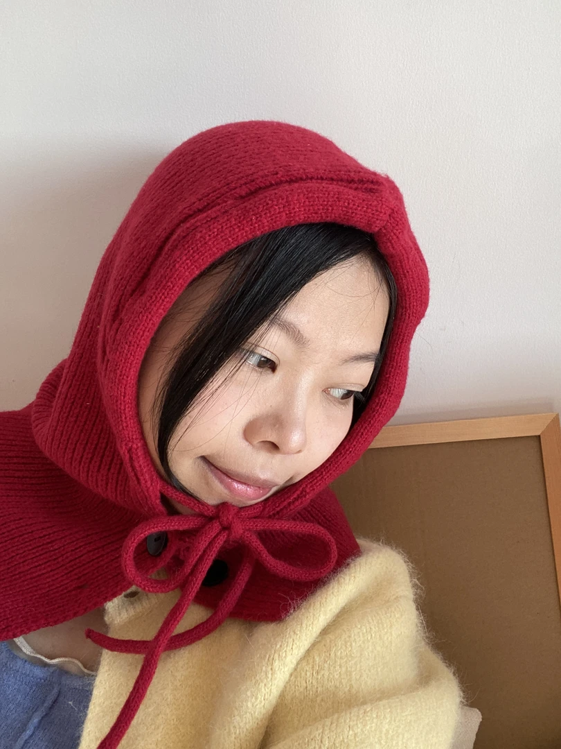 秋冬新款红色巴拉克拉法帽系扣围脖帽子一体护耳保暖针织帽