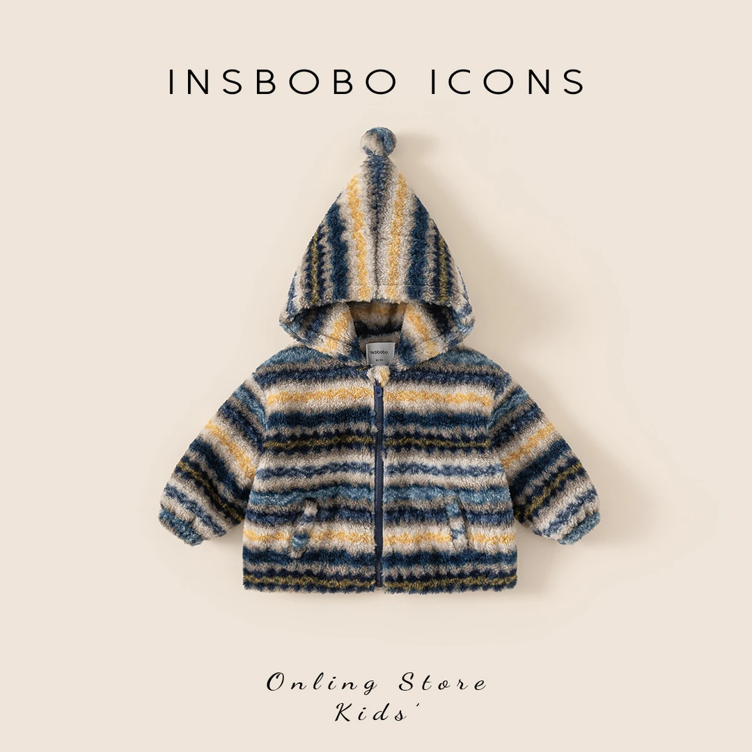 INSbobo儿童保暖外套秋冬加厚洋气连帽可爱球球装饰毛毛衣DY85038