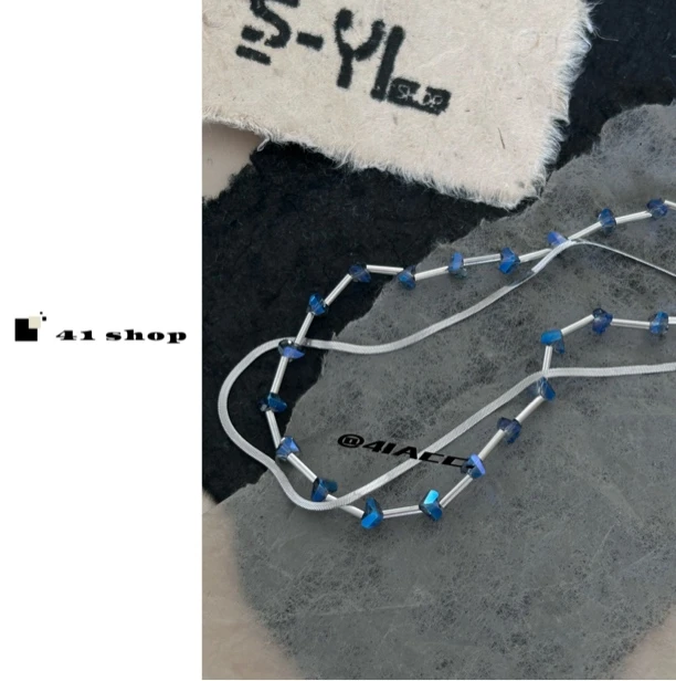 钛钢合成锆石项链 B无编号 串蓝色锆石双层蛇骨链条项链