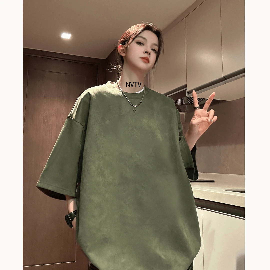 【断码清仓】仿麂皮短袖T恤女夏季美式高级设计感宽松情侣百搭上衣