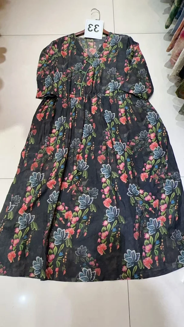 （大小码）103#休闲风刺绣连衣裙长款碎花长裙汉服花色复古苎麻