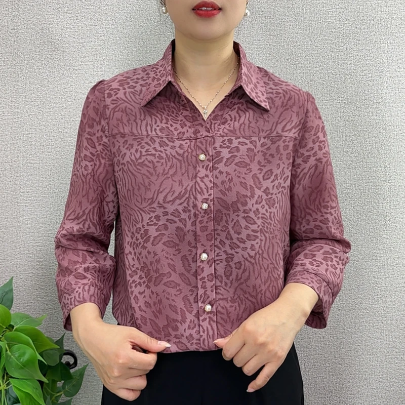 夏季衬衫妈妈装七分袖洋气豹纹小衫宽松洋气中老年女装薄款上衣