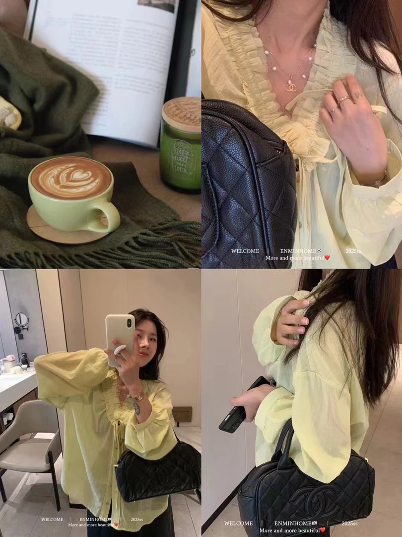 灰灰呀！毛边设计！韩代老板娘实拍 复古百搭木耳边V领防晒衬衫