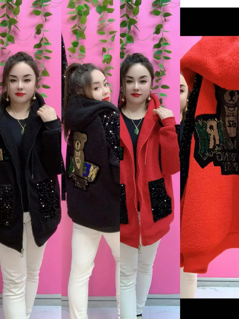 加肥加大颗粒绒加棉连帽显瘦冬季外套女