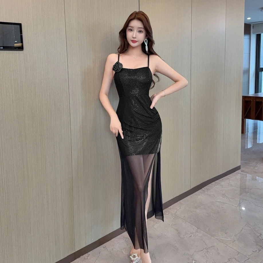 晚礼服女2025新款高级感轻奢网纱撞色减龄柔式技师工服性感连衣裙