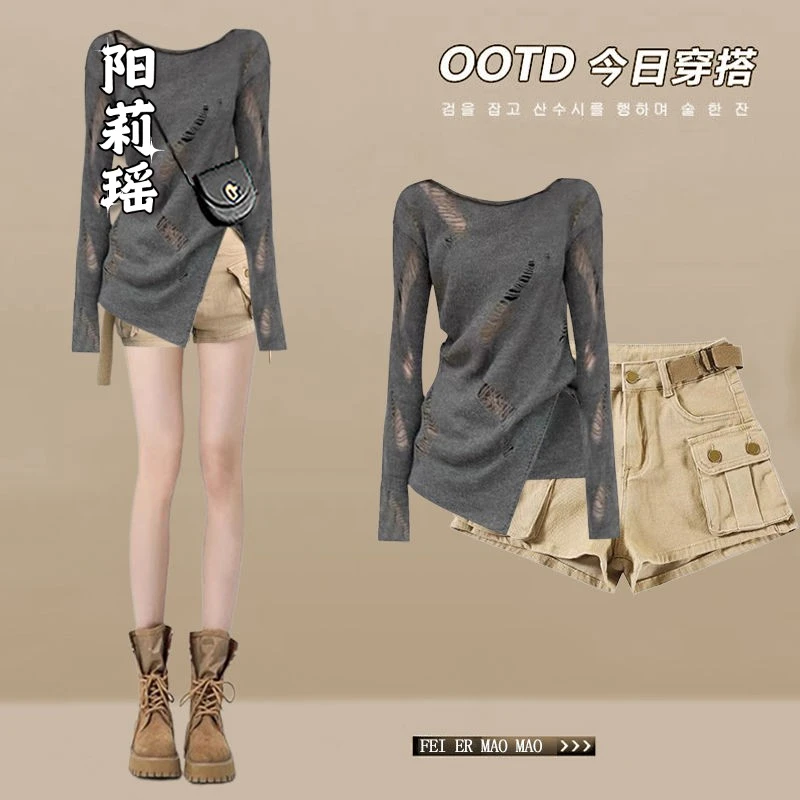 温柔系穿搭女2025春季新款辣妹纯欲上衣高腰显瘦工装短裤两件套装