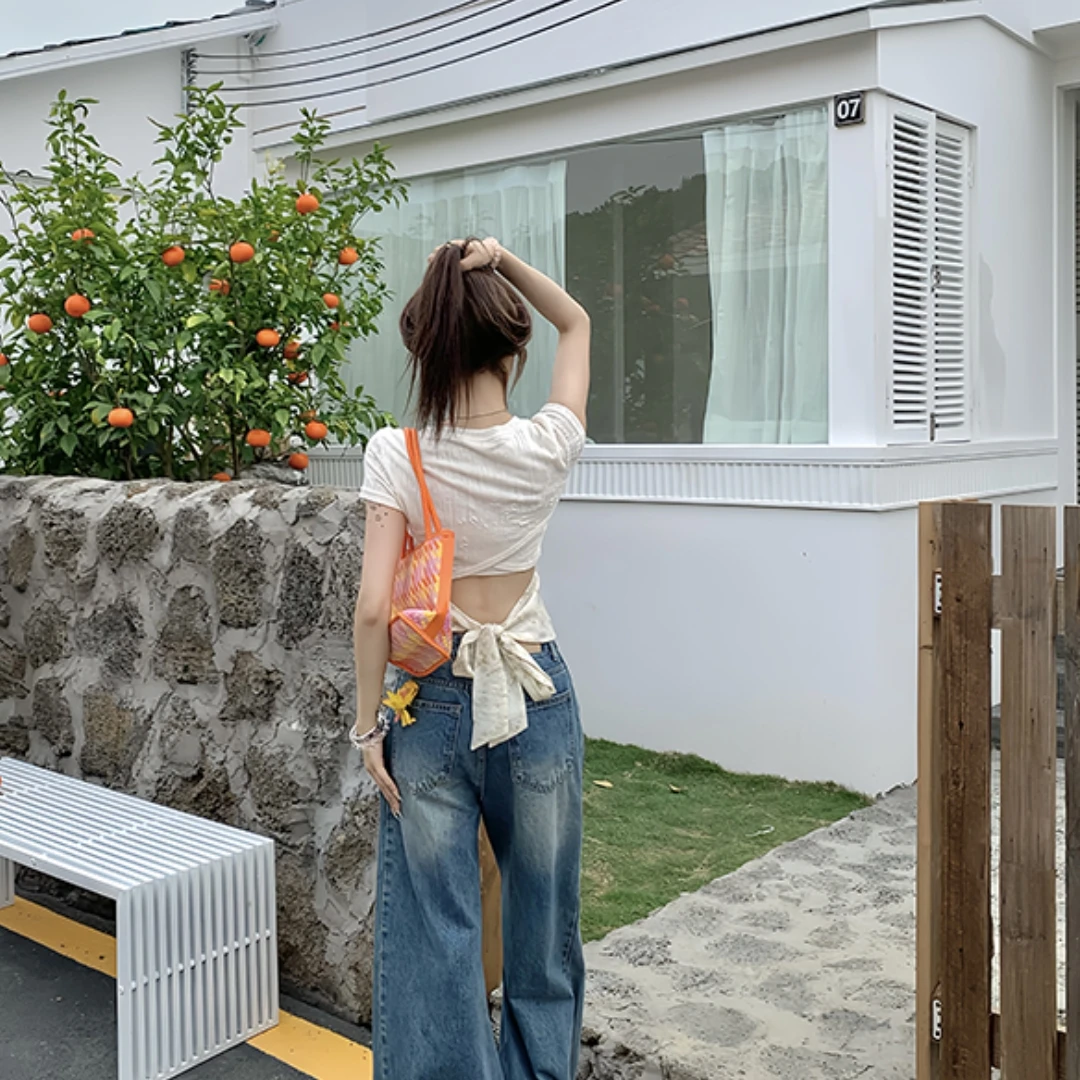 YIDENG港味时尚设计感修身后背镂空蝴蝶结系带别致短袖T恤女