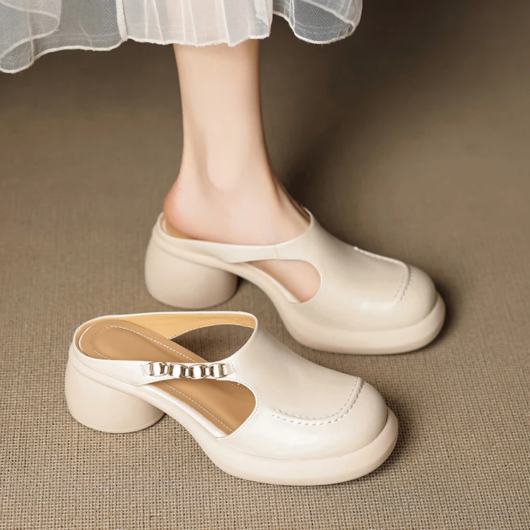 真皮镂空金属英伦风包头拖女欧洲站2025粗跟气质半拖外穿时尚凉拖