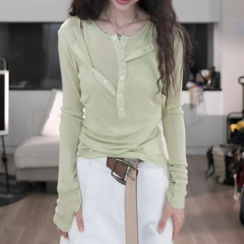 春季新款设计感韩版真两件时尚休闲松弛慵懒长袖上衣LK2502275