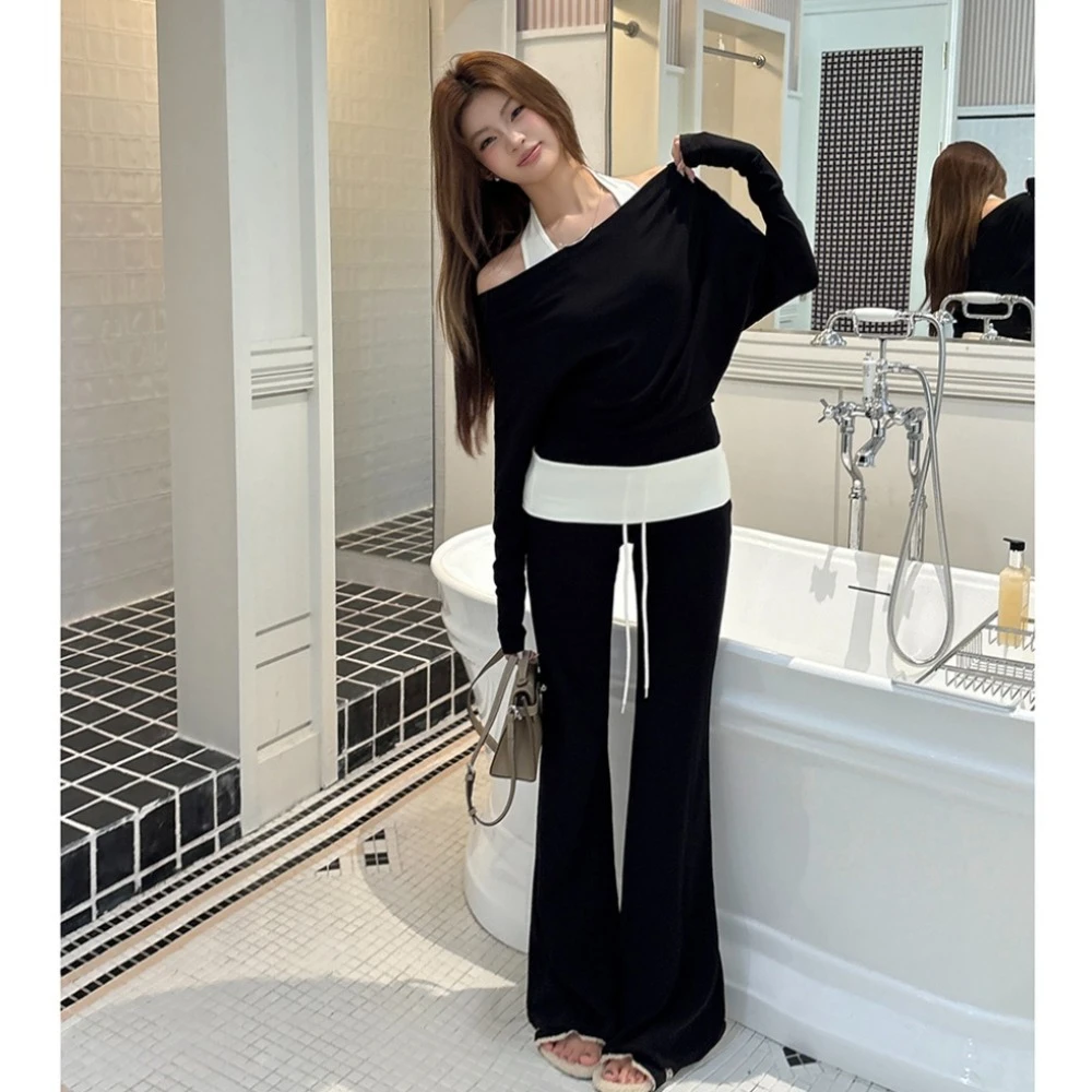 潮牌2025秋冬新款挂脖假两件上衣一字肩卫衣女微喇长腿休闲裤套装