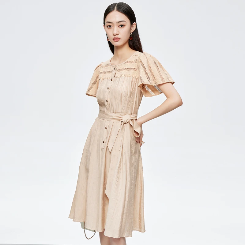 圆领短袖大摆收腰连衣裙女152C1200