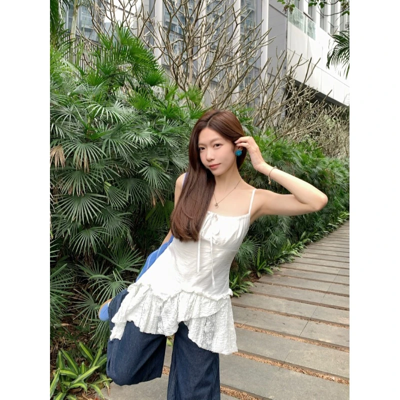 法式甜美设计感不规则拼接蝴蝶结斜边吊带连衣裙女2025春夏季网红