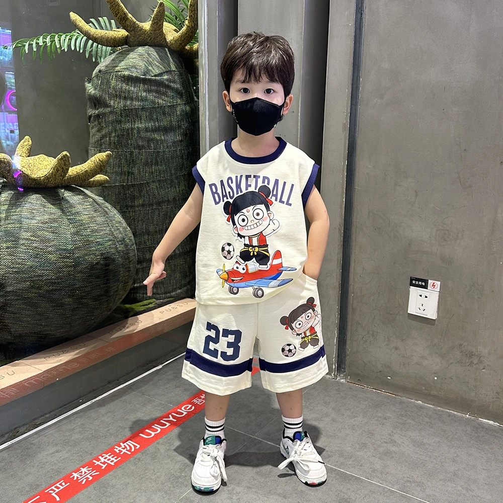 哪吒童装男童夏装套装2025新款潮酷小男孩无袖男宝宝背心帅气衣服