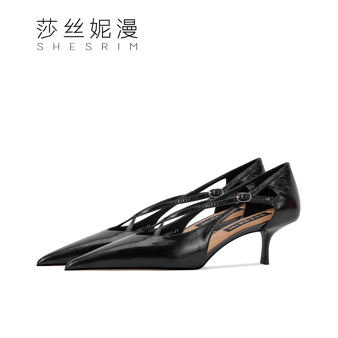 尖头浅口中跟高跟鞋女2025夏季新款细跟纯色交叉油蜡亮皮单鞋