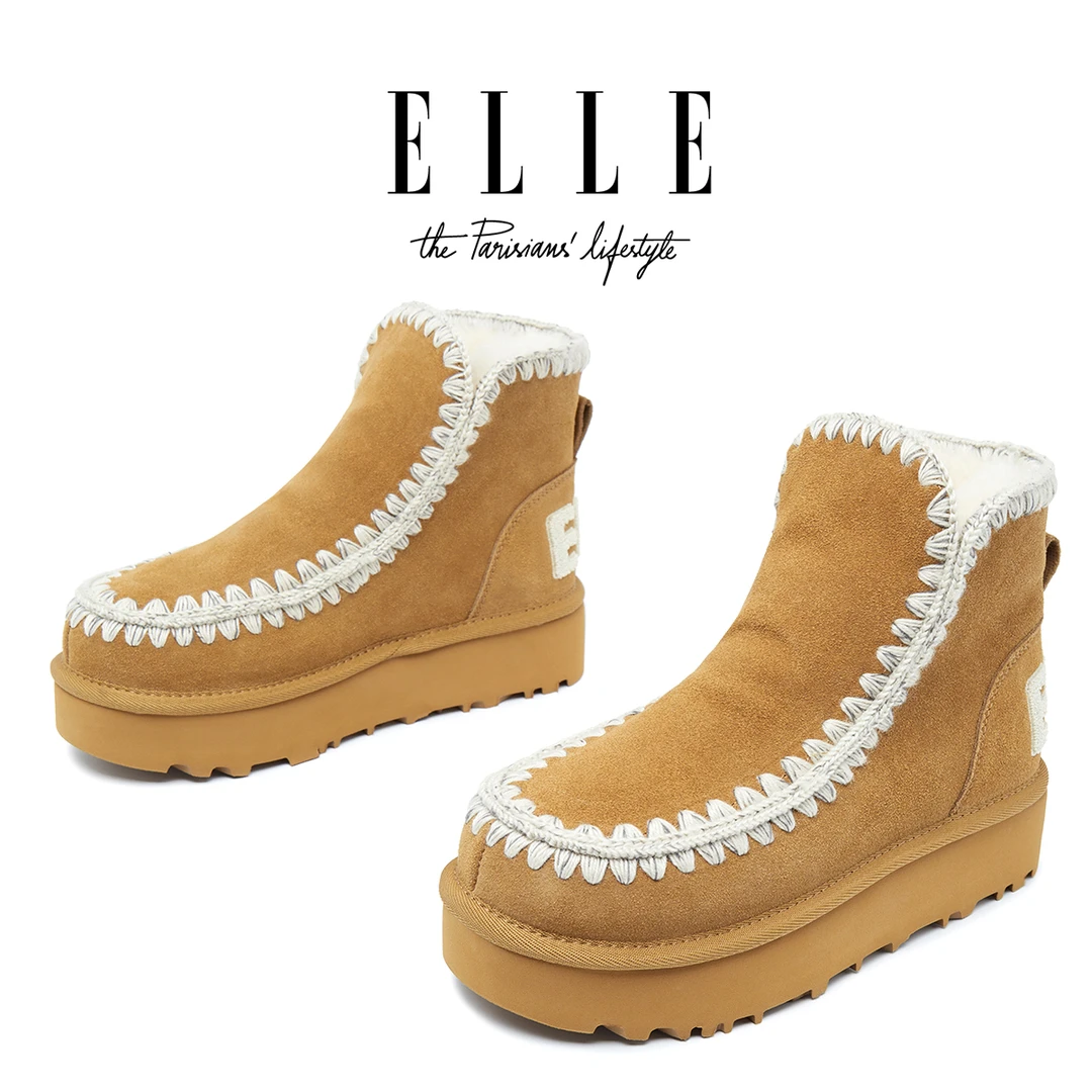 ELLE冬季真羊毛一体雪地靴女短筒民族刺绣缝线靴加绒加厚保暖棉鞋