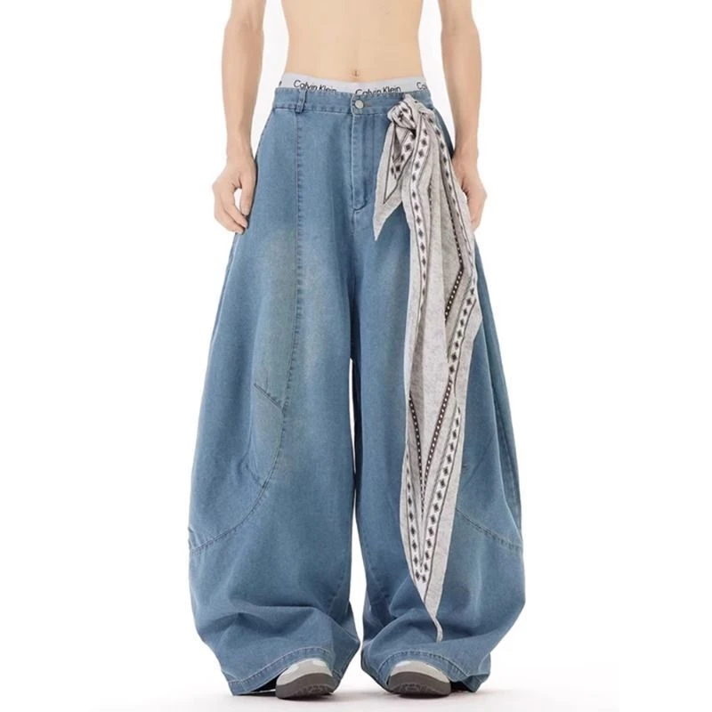 美式复古方巾解构廓形弯刀牛仔裤男女jazz爵士舞阔腿拖地个性长裤