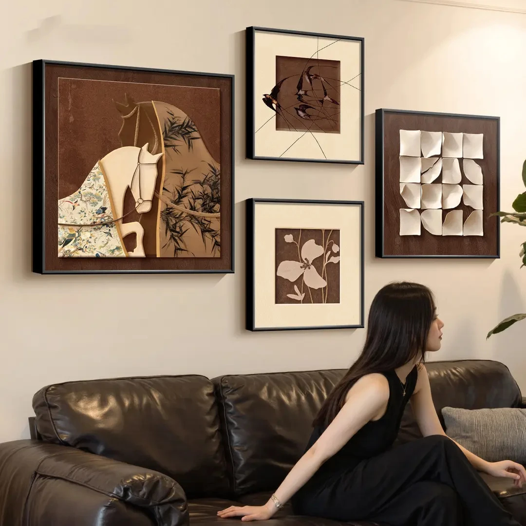 中古风马到成功客厅挂画复古几何沙发背景墙装饰画法式艺术组合画