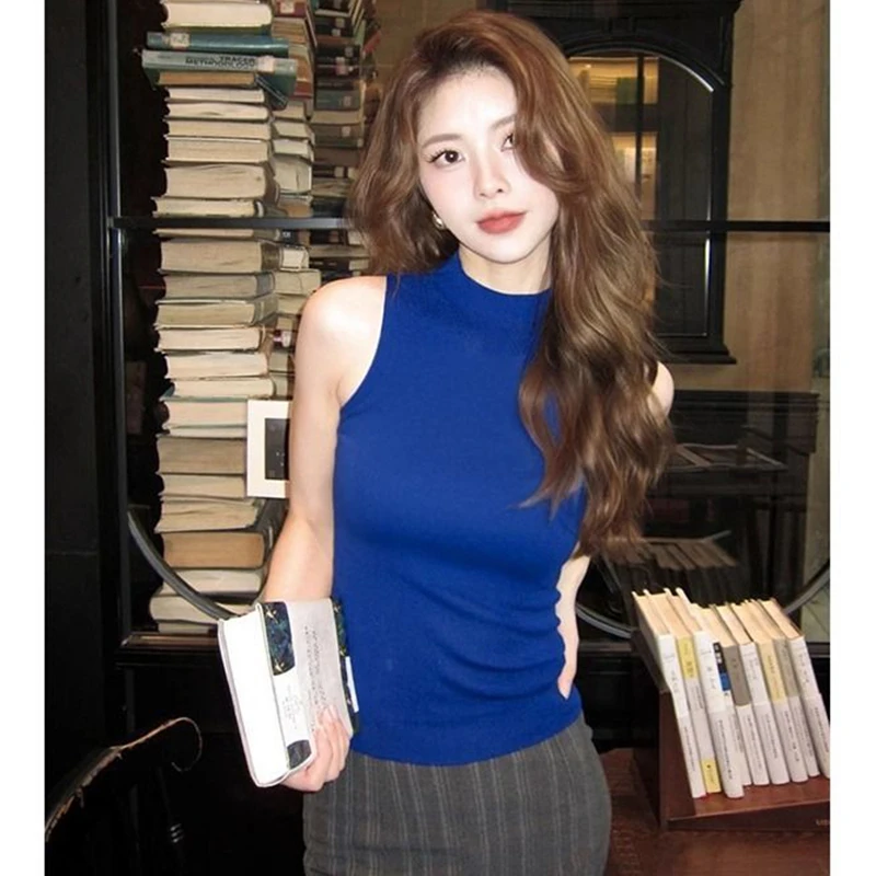 纯欲辣妹半高领无袖针织背心女夏绝美外穿修身高级感克莱因蓝上衣