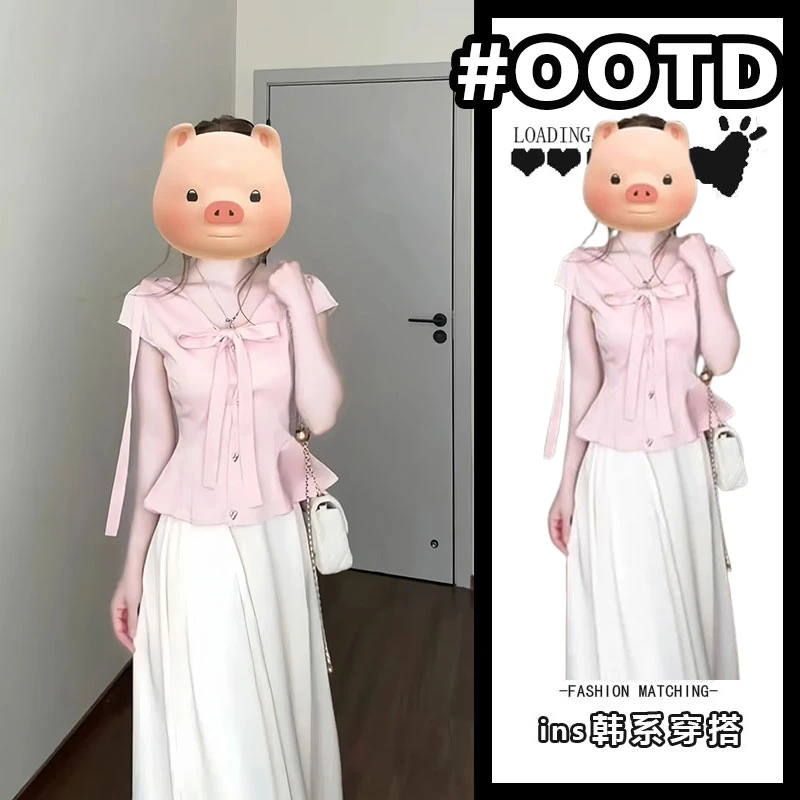 夏季穿搭一整套女蝴蝶结系带短袖衬衫A字大裙摆花苞半身裙两件套