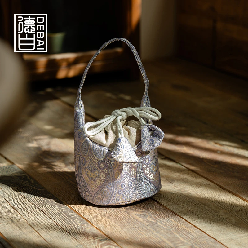 德白手提包织锦木槿紫风铃盖碗茶杯茶壶茶具收纳包便携出行茶事包