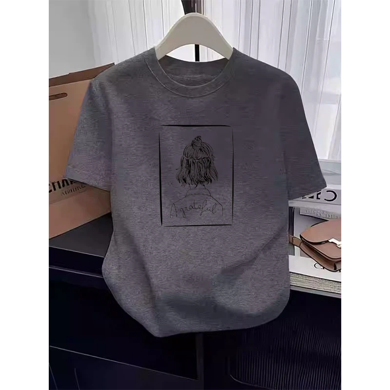 厚款正肩磨毛纯棉短袖t恤女时尚百搭深灰上衣打底衫早秋季必备款