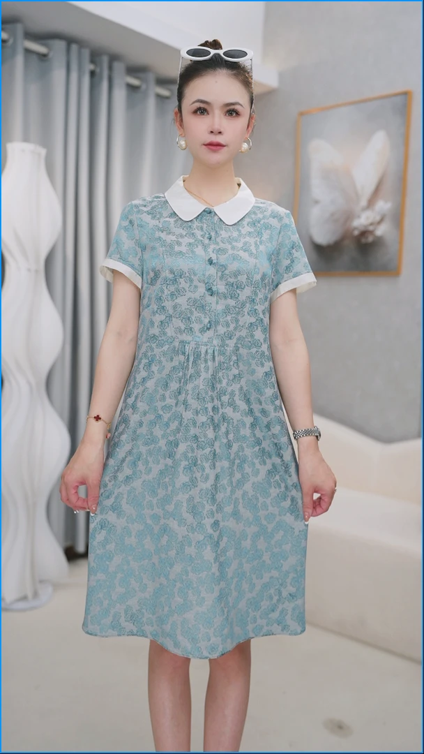 【QX376断码清仓】气质提花娃娃领拼接2025年新款高腰显瘦连衣裙