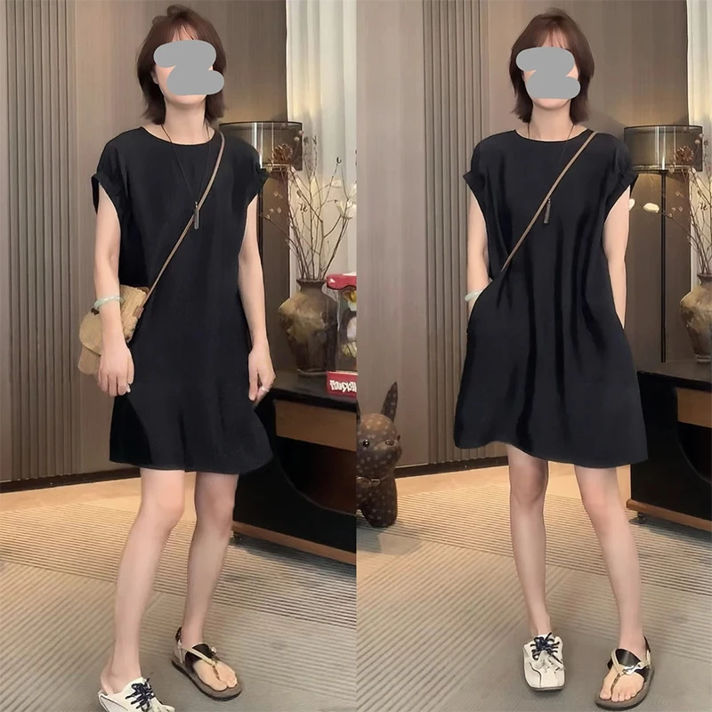 韩系纯色简约无袖连衣裙女2025夏季新款气质宽松百搭小个子背心裙