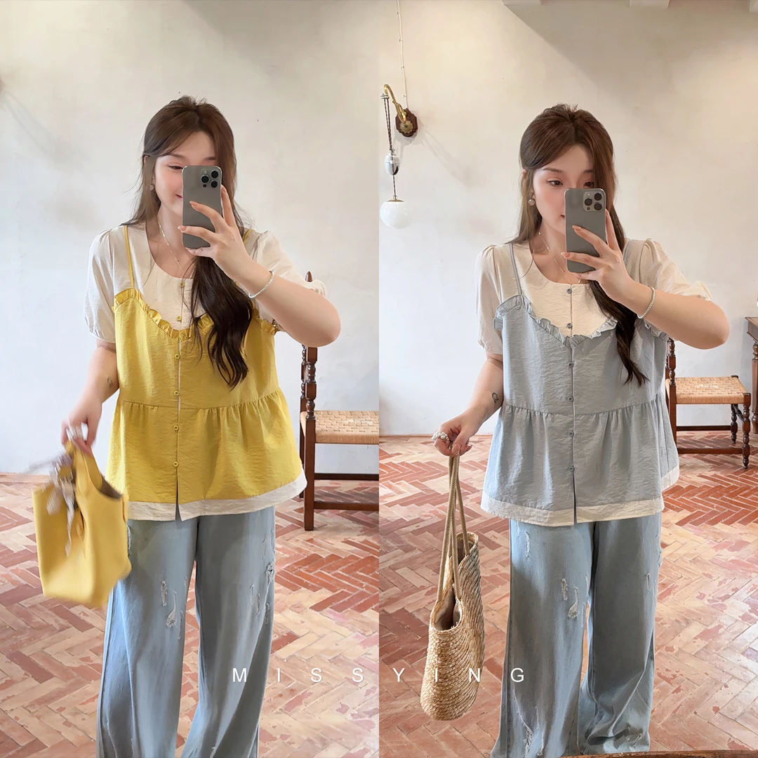 应小姐【夏野】微胖大码夏季显瘦时尚百搭宽松INS风假两件短袖衬衫