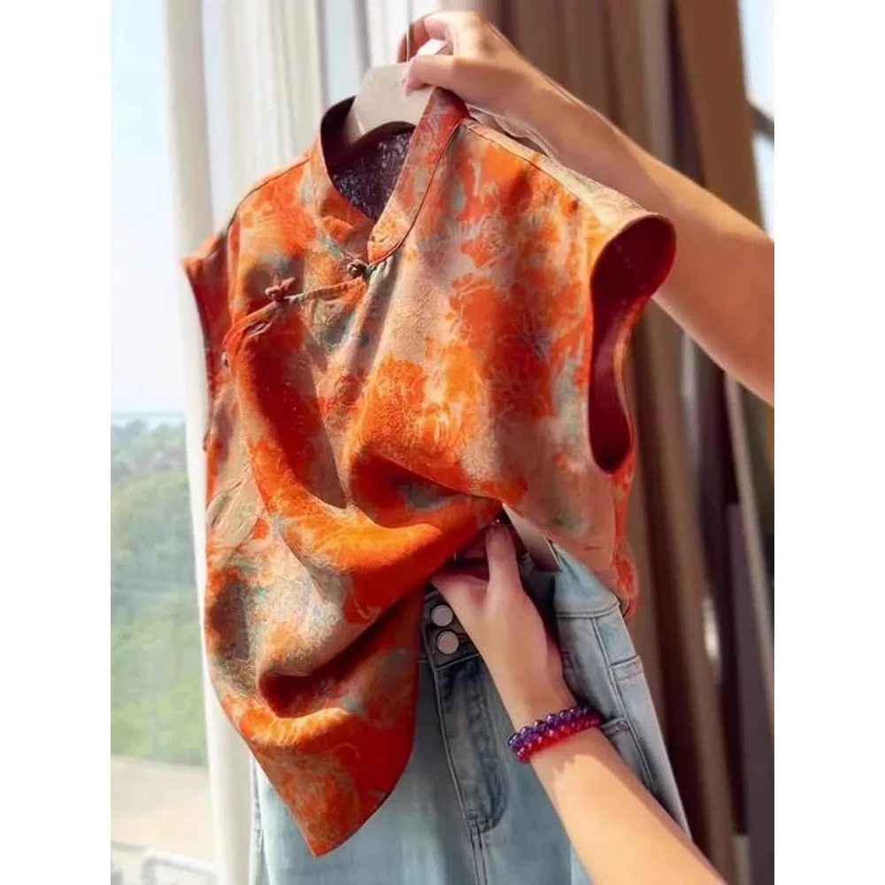 【635】新中式国风印花斜襟气质夏季女士衬衫洋气复古禅意上衣