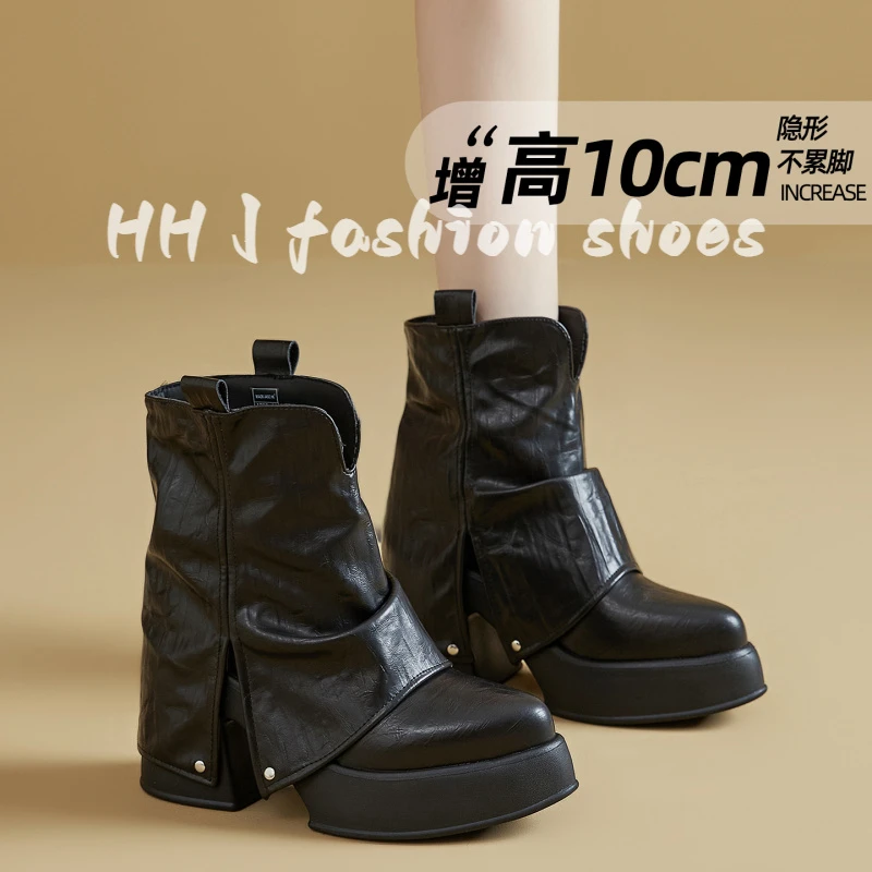 西部牛仔靴女时尚裸靴2025秋冬新款时尚小个子增高短靴休闲裤管靴