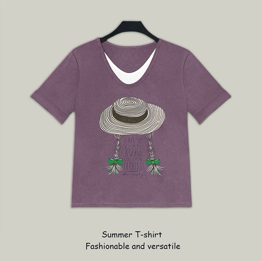 2025夏季新款假两件拼接卡通印花短袖T恤女时尚减龄百搭显瘦上衣