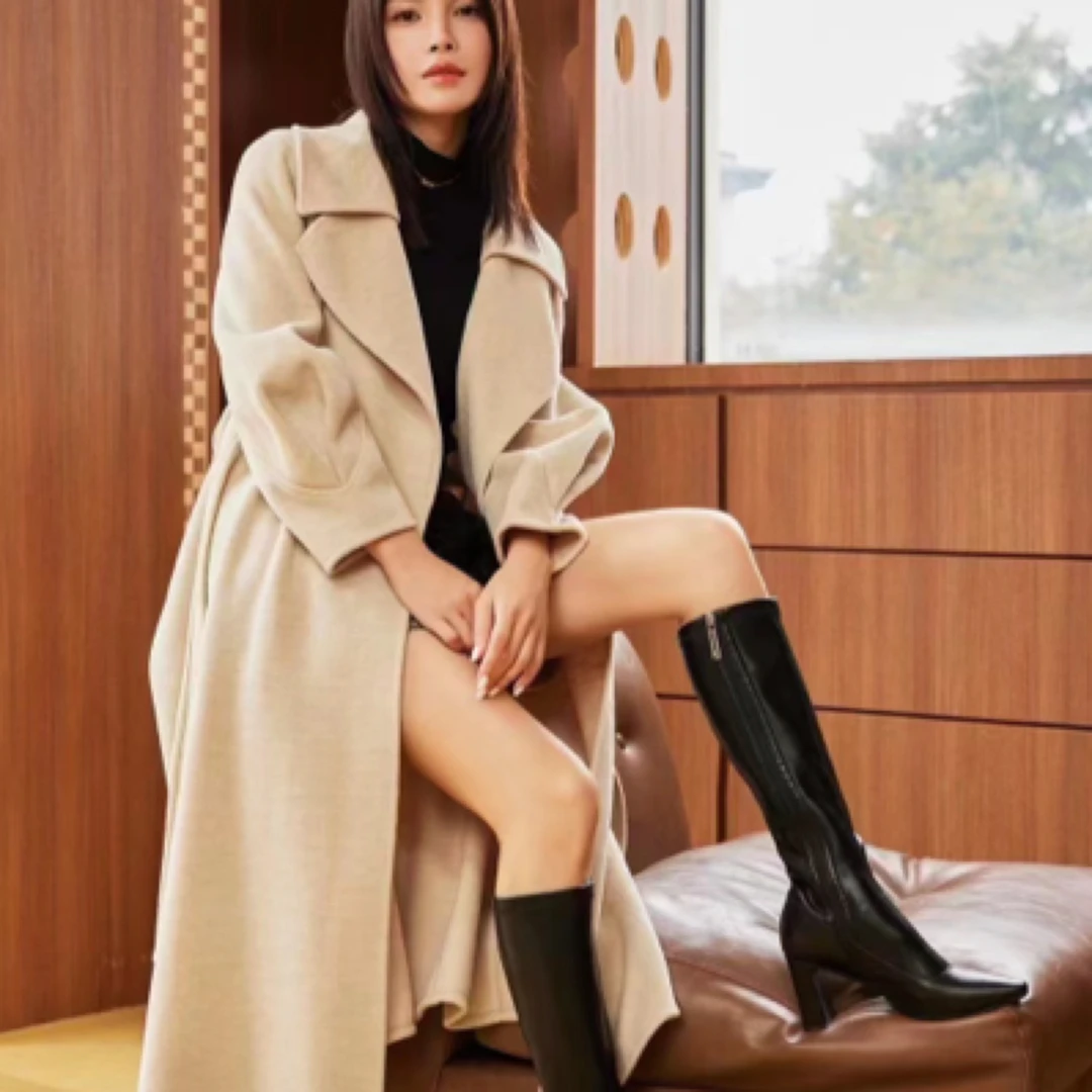秋冬新款气质羊毛大衣女长款双排扣外套