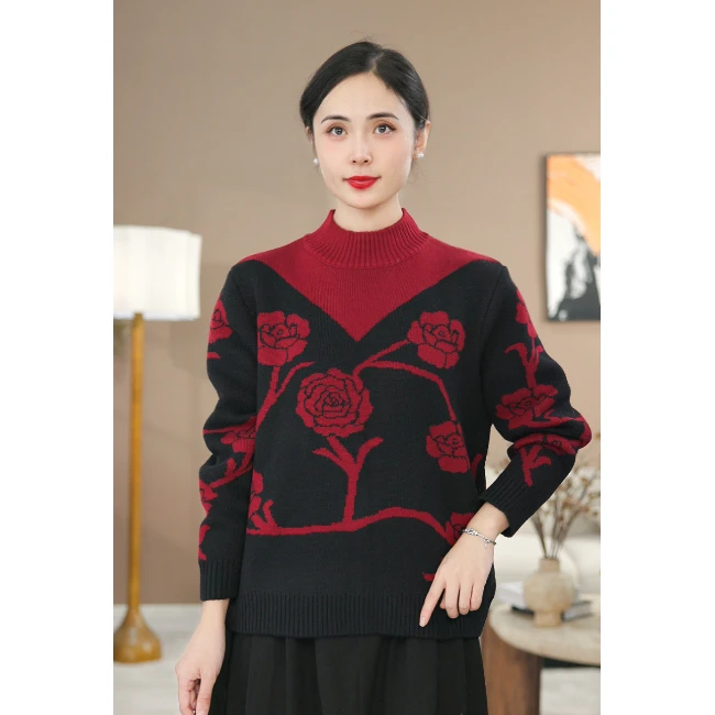 冬季新款减龄厚款【羊毛】织花毛衣女保暖厚实半高领套头衫