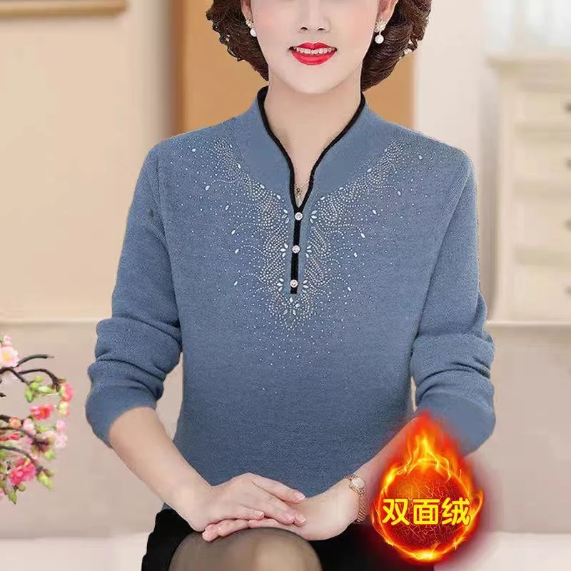 【加绒】打底衫女冬季百搭洋气妈妈装大码双面德绒烫钻长袖T恤女