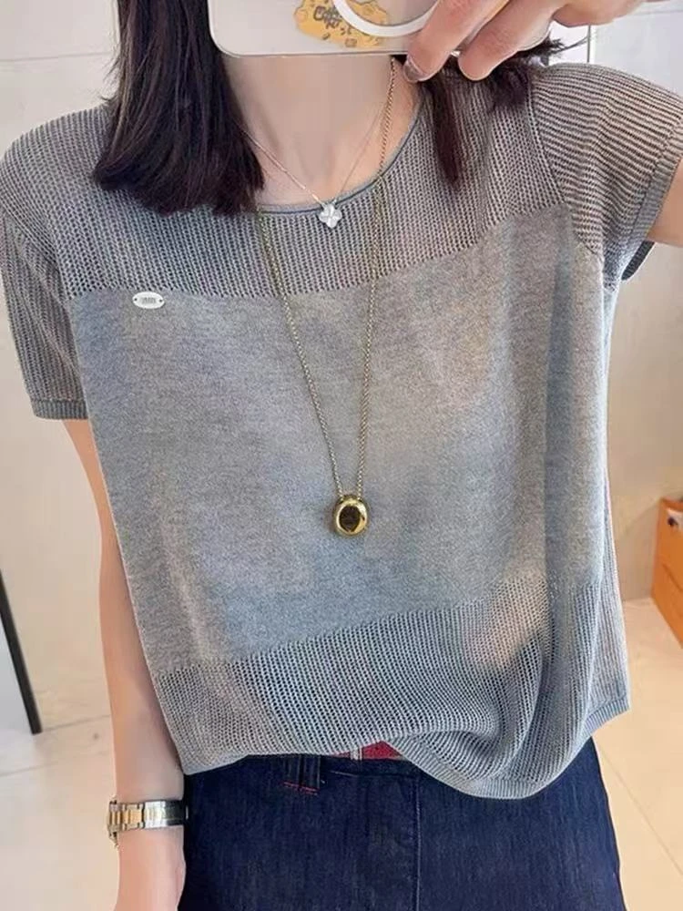 夏款韩系圆领不规则织花针织衫