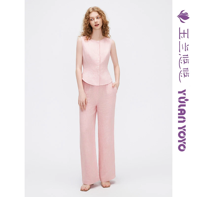 玉兰悠悠2025新款夏"墨漪行云"亚麻长裤薄款粉色垂感阔腿裤休闲裤