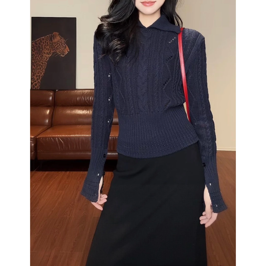 时尚休闲设计感毛衣小衫女秋季新款翻领麻花收腰显瘦针织衫上衣潮