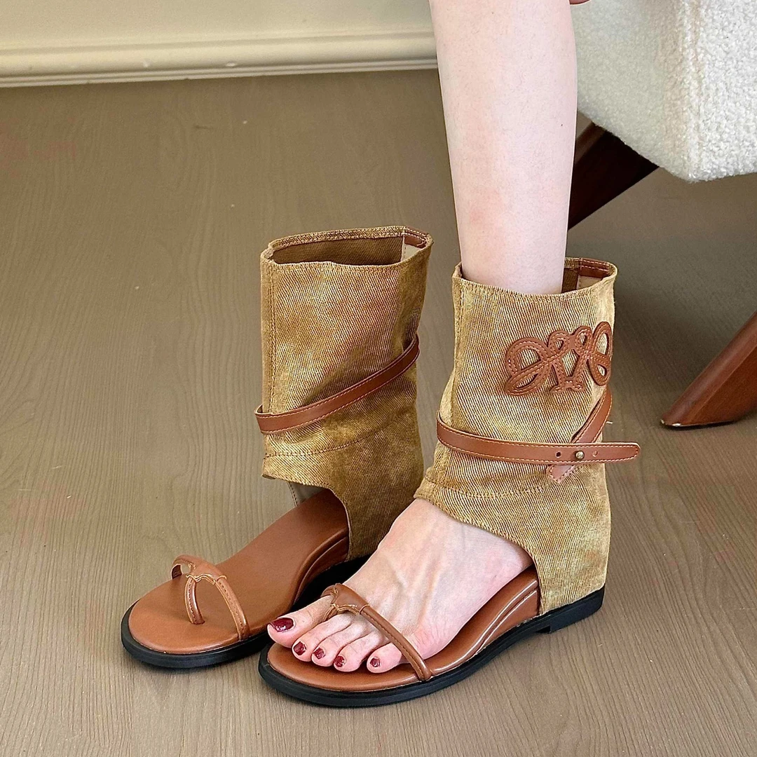 QR-248-123日杂氛围感！圆头一字带内增高凉靴女夏度假风厚底短靴