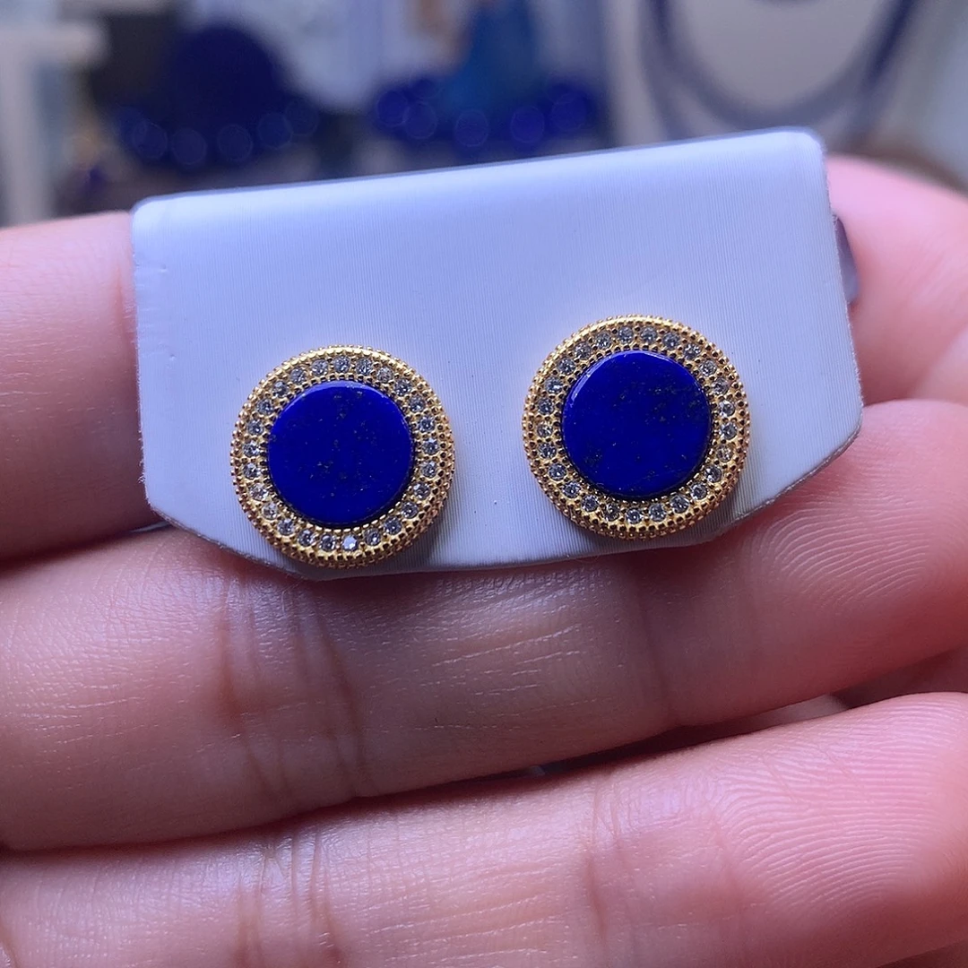 青金石银S925镶嵌耳饰