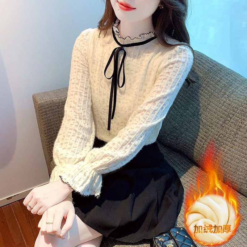 加绒加厚蝴蝶结长袖蕾丝衫女秋冬季法式温柔风小个子衬衫气质上衣