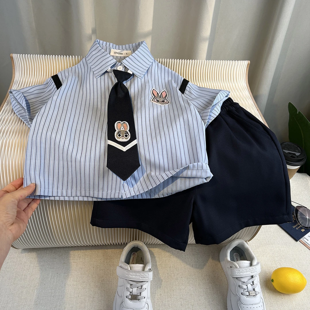 男女童学院风套装夏装儿童短袖衬衫姐弟幼儿园宝宝兔子警官拍照服