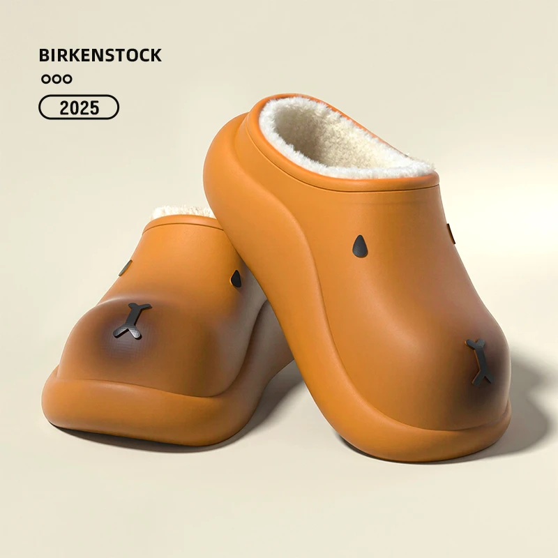 夏日物鸣卡皮巴拉勃肯加绒女冬厚底情侣居家防滑毛绒保暖男棉拖鞋