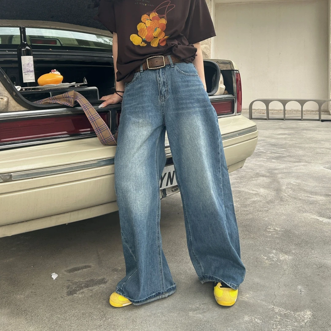 美式复古高腰拖地裤阔腿裤直筒宽松裤子复古大梨形身材裤子牛仔裤
