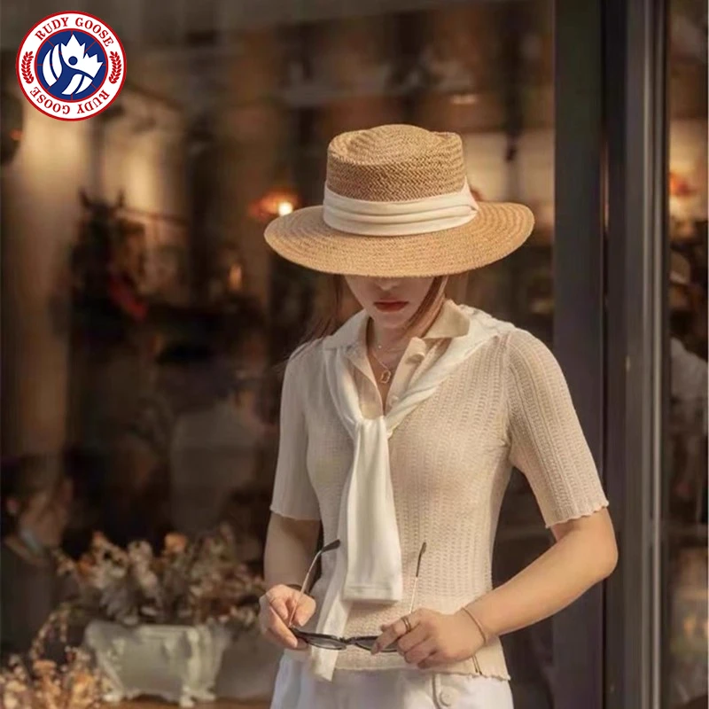 RUDY GOOSE法式海边度假平顶草编帽子女夏天防晒遮阳大檐优雅礼帽
