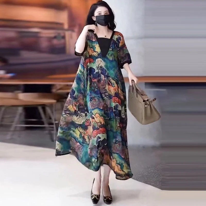 显瘦气质时尚夏季印花连衣裙女装大码宽松中长款碎花休闲百搭高档