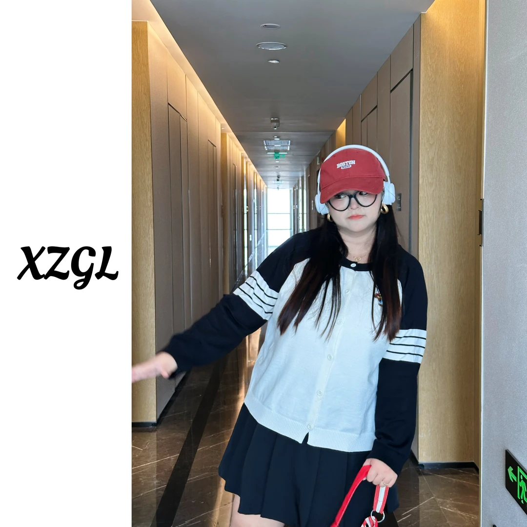 【小猪专属】2025年春季新款胖大码女装200斤上衣撞色针织开衫-F355