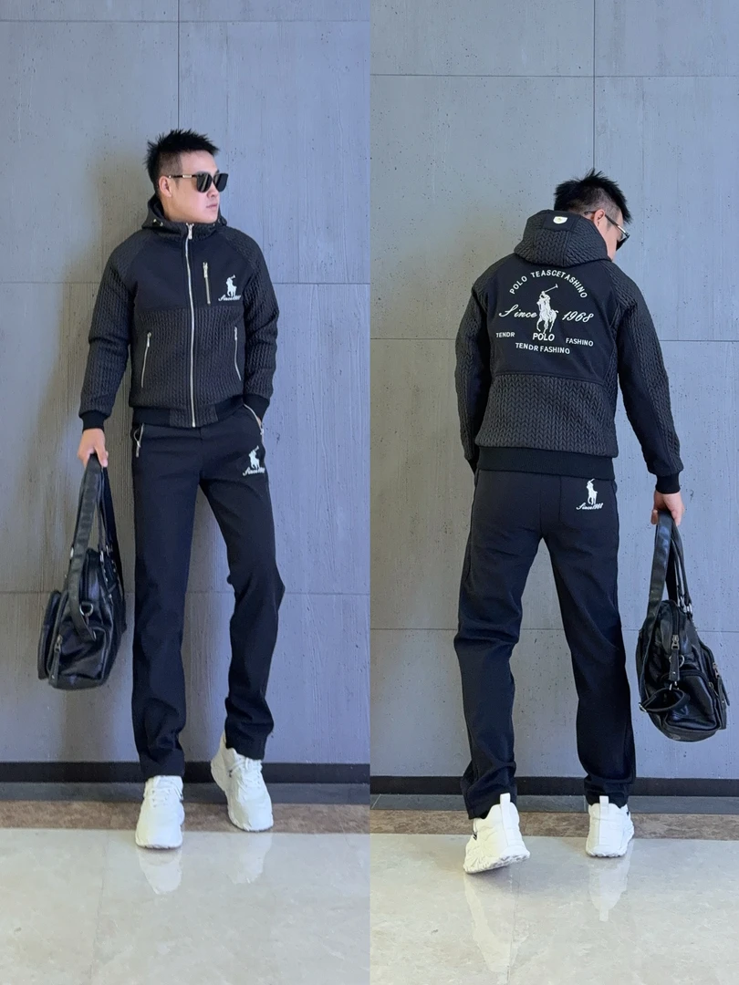 秋冬季节新款加绒保暖百搭时尚套装潮流拼接韩版休闲男士连帽夹克